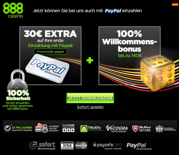 888 Casino bietet jetzt exclusiv Paypal in Deutschland an